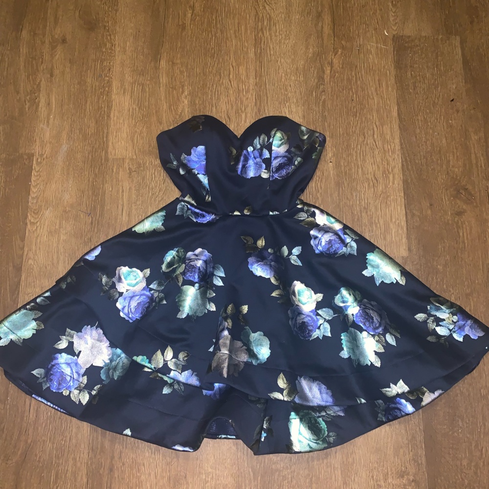 Strapless Black Floral Fit & Flare Dress
